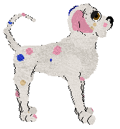 Dalmatian with pink, blue, and cream spots posing facing the right.